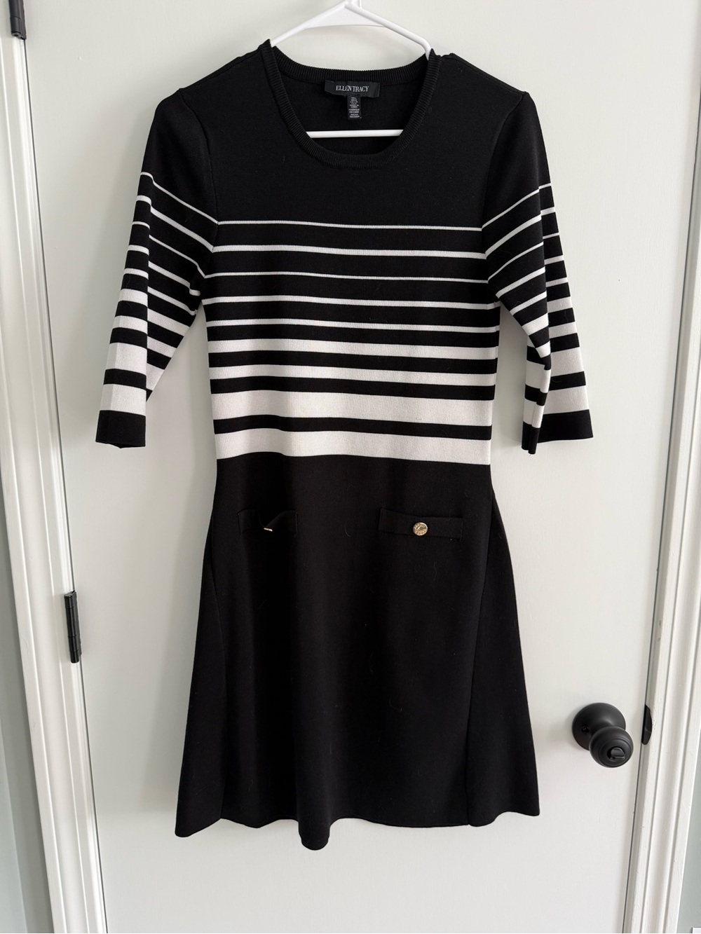 Ellen Tracy Black and White Striped Knit Midi Dress